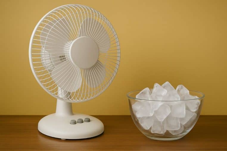 Ventilateur blanc posé à côté d’un bol plein de glaçons.