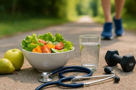 bol de salade, fruits, stéthoscope, verre d’eau et haltère posés sur un sentier ensoleillé.