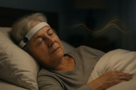 Femme âgée dormant paisiblement avec un bandeau EEG et des ondes cérébrales lumineuses au-dessus de sa tête.