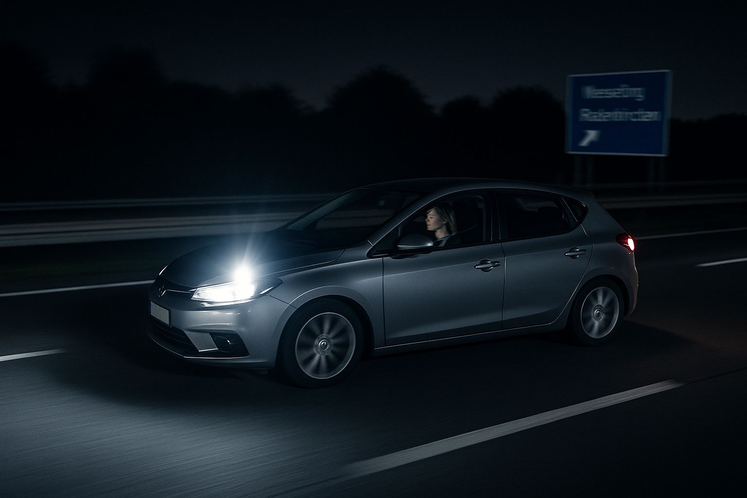Automobiliste allemande au volant d’une berline sur l’autoroute, au moment du flash radar.