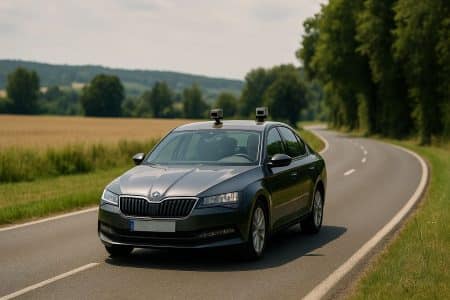 Voiture grise banalisée équipée d’un radar mobile sur le toit, circulant sur une route de campagne française bordée de champs et d’arbres.