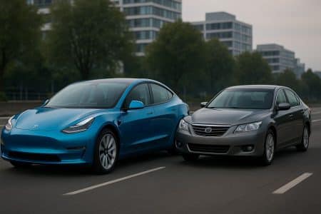 Une voiture électrique bleue et une berline thermiques grise circulent côte à côte sur une route moderne, symbolisant la tension entre innovation rapide et durabilité.