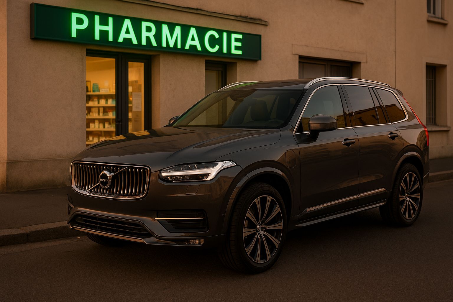 Volvo XC90 gris métallisé garé devant une pharmacie en fin d’après‑midi.