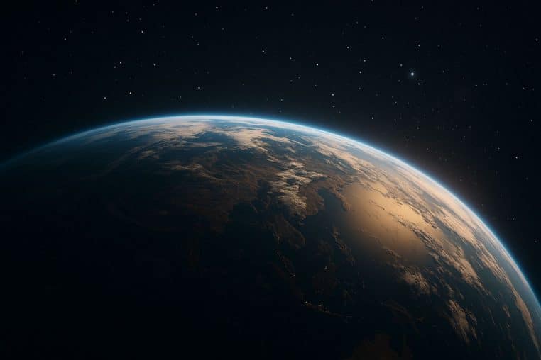 Image de la Terre vue de l’espace, avec l’éclairage solaire rasant soulignant les nuages, les continents et la fine couche atmosphérique.