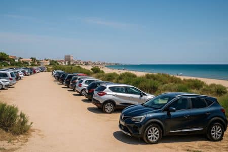 Parking estival en bord de mer avec voitures alignées face à la plage.