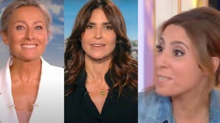 Gros plans sur trois journalistes féminines, filmées séparément lors de la présentation du journal télévisé ; chacune apparaît face caméra, dans un décor de plateau.