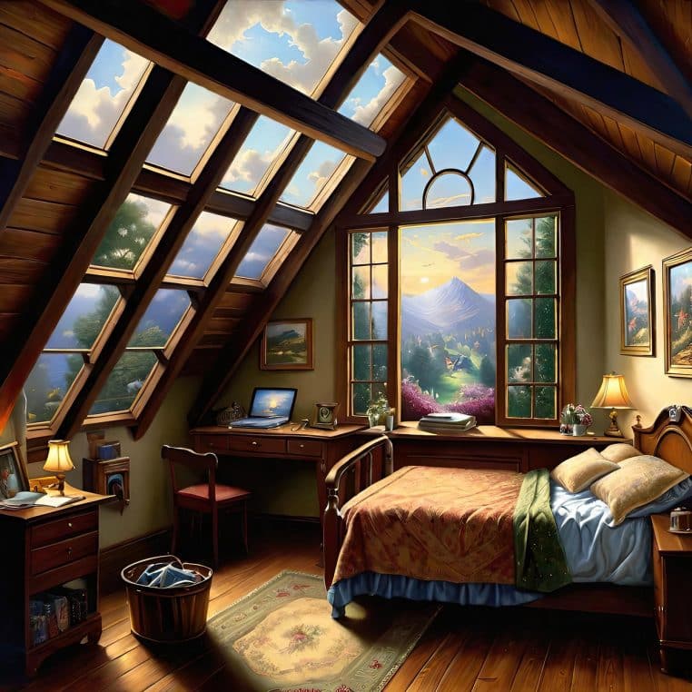 Chambre mansardée avec bureau, lit et vue sur paysage montagnard.