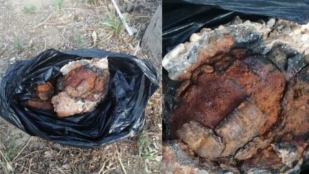 Vue rapprochée d’une grenade ensablée et corrodée, partiellement recouverte de dépôts calcaires, déposée dans un sac plastique noir sur un sol sec parsemé de brindilles.