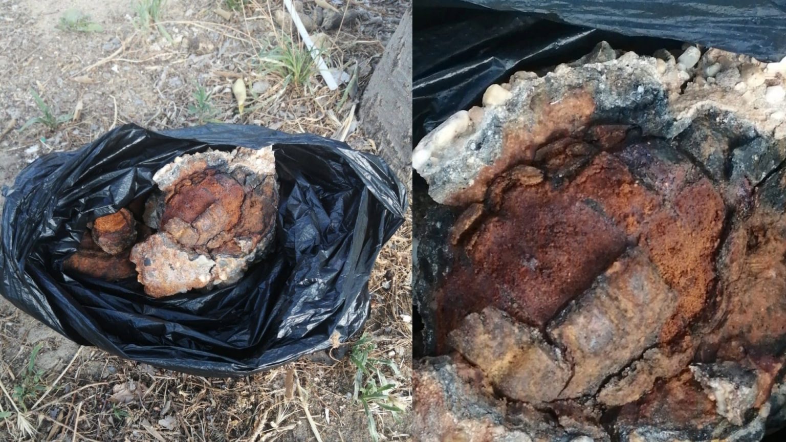 Vue rapprochée d’une grenade ensablée et corrodée, partiellement recouverte de dépôts calcaires, déposée dans un sac plastique noir sur un sol sec parsemé de brindilles.