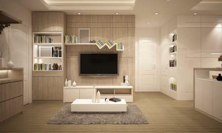 Salon moderne avec meuble design.