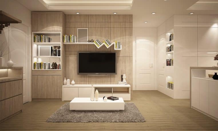 Salon moderne avec meuble design.