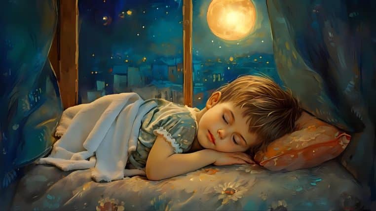 illustration d’un enfant endormi près d’une fenêtre illuminée par la lune.