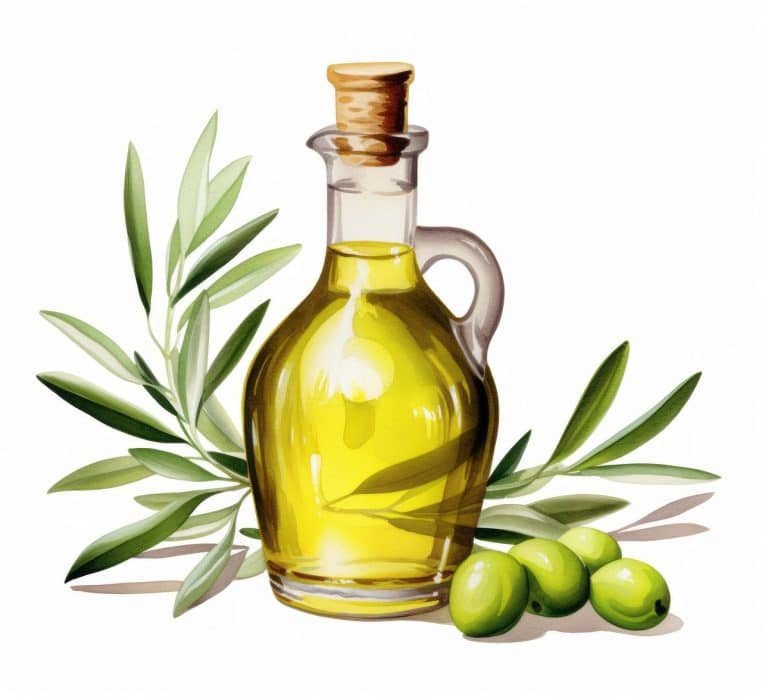 Illustration d’une bouteille d’huile d’olive entourée d’olives vertes et de feuilles d’olivier sur fond blanc.