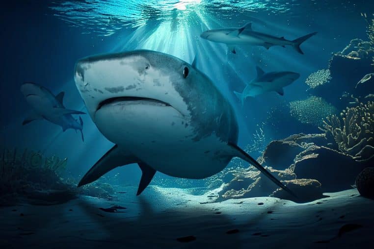 Photo d’un grand requin blanc photographié sous l’eau avec un fond océanique bleu profond.