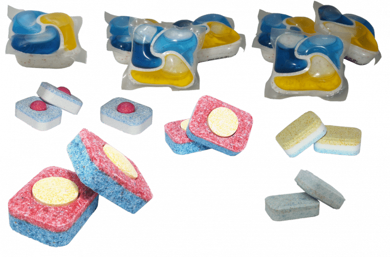 Schéma stylisé de pastilles de lave-vaisselle colorées.