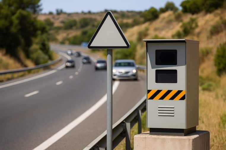 Gros plan d’un radar routier moderne sur socle béton, panneau triangulaire neutre et véhicules en approche dans une courbe.