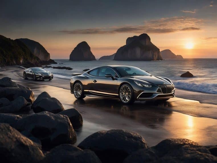 Voitures de luxe stationnée sur le sable d’une plage au coucher du soleil.