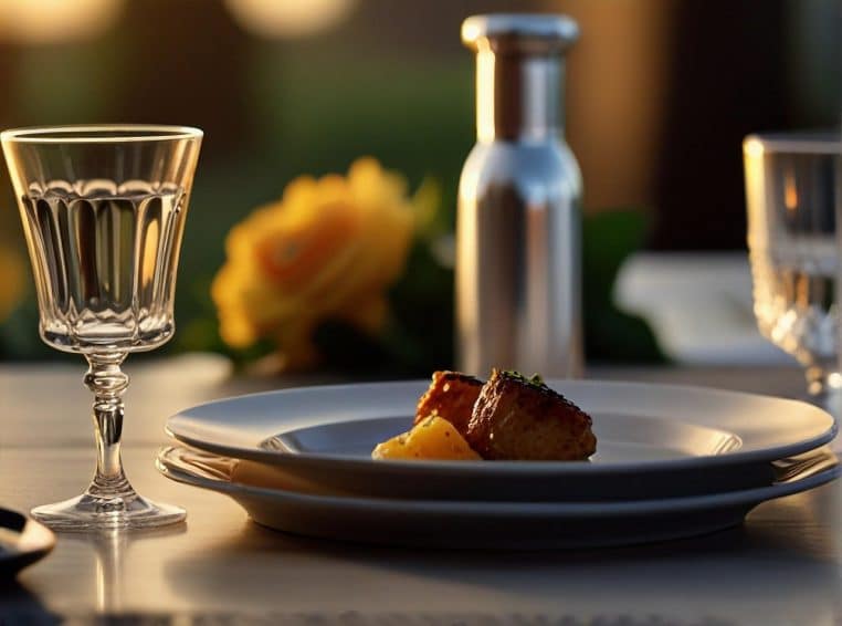 ai generated, diner, nature, evening light, sunset, meal, romantic, gourmet