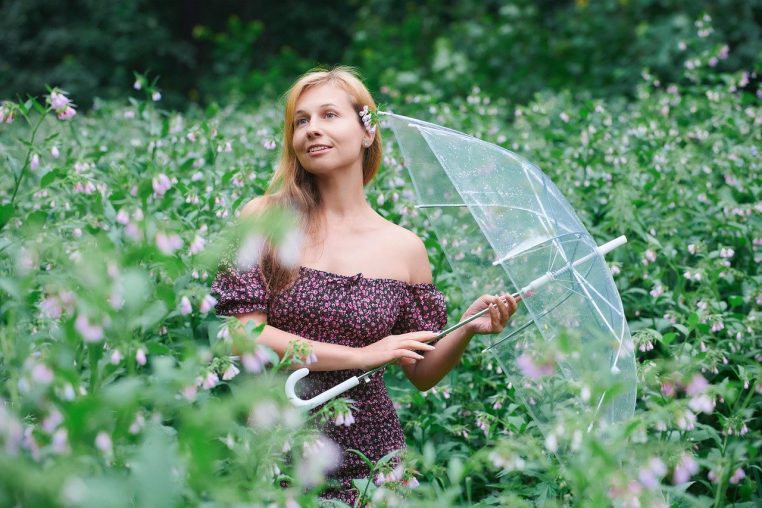 woman, umbrella, nature, park, stroll, summer, forest, glade, summer look, mini dress, summer dress