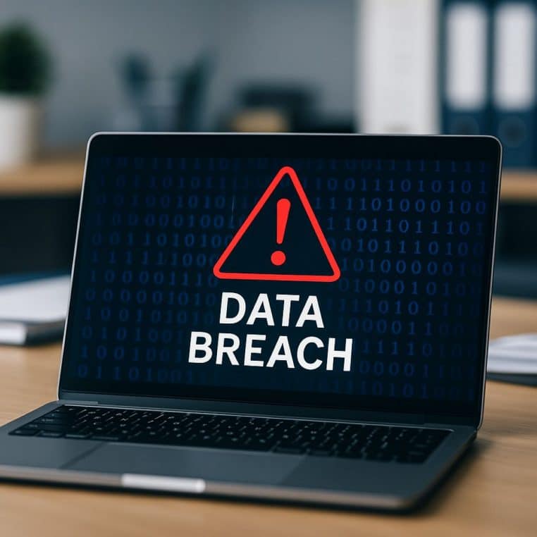 Ordinateur portable affichant un avertissement “Data Breach” sur bureau moderne.