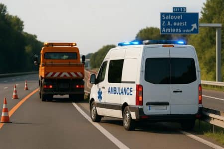 Ambulance immobilisée derrière un véhicule d’entretien sur une autoroute française en travaux.