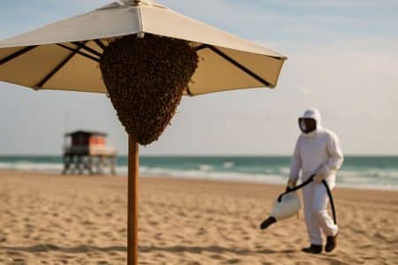 Essaim d’abeilles accroché sous un parasol à Zandvoort, un apiculteur s’approche avec un aspirateur à abeilles.