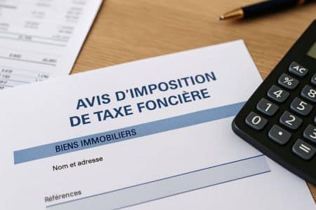 avis d’imposition de taxe foncière posé sur un bureau en bois avec calculatrice et documents fiscaux.
