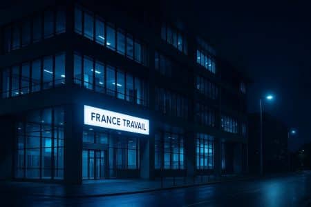 Façade nocturne du siège de France Travail éclairé de bleus, rue déserte.