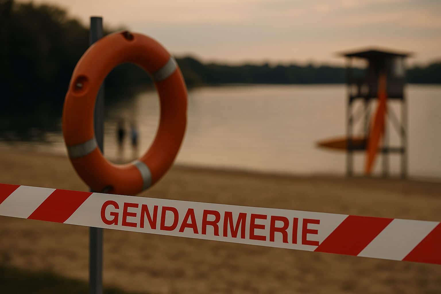 Ruban de gendarmerie flou au premier plan, plage surveillée d’une base de loisirs en fin d’après-midi, silhouettes de sauveteurs près d’un plan d’eau calme.
