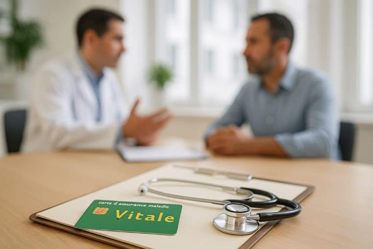 Carte Vitale et stéthoscope posés sur un dossier médical au premier plan, médecin et patient flous en arrière-plan dans un cabinet lumineux.