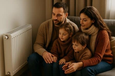 Famille réunie autour d’un radiateur pour se réchauffer en hiver.
