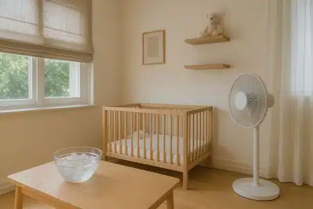 Chambre de bébé rafraîchie durant une journée chaude, volets à moitié fermés, ventilateur en arrière-plan et bol d'eau glacée.