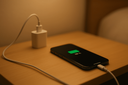 iPhone posé sur une table de chevet en bois, branché en USB-C, indicateur de batterie à 78 % dans une lumière du soir.