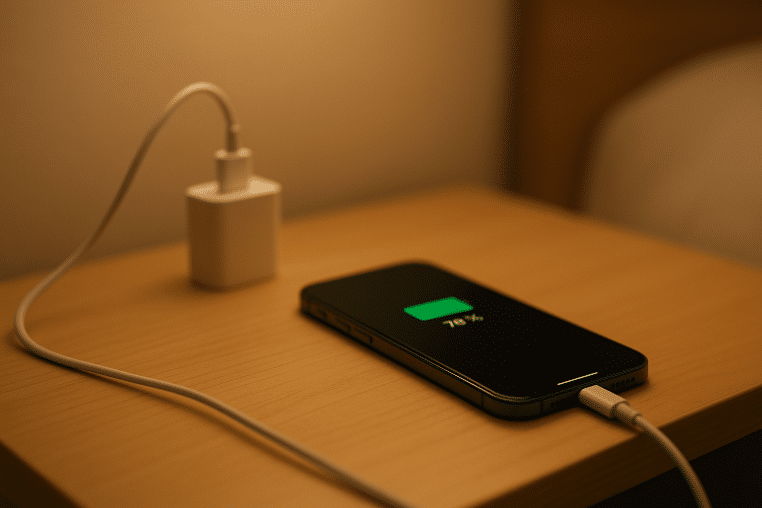 iPhone posé sur une table de chevet en bois, branché en USB-C, indicateur de batterie à 78 % dans une lumière du soir.