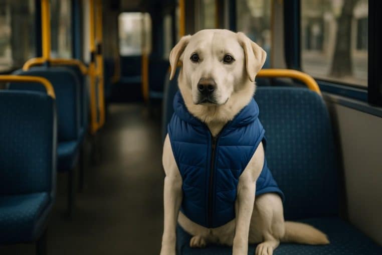 Chienne blanche sereine en doudoune bleue assise sur un siège de bus à Sydney, regard tourné vers l’allée.