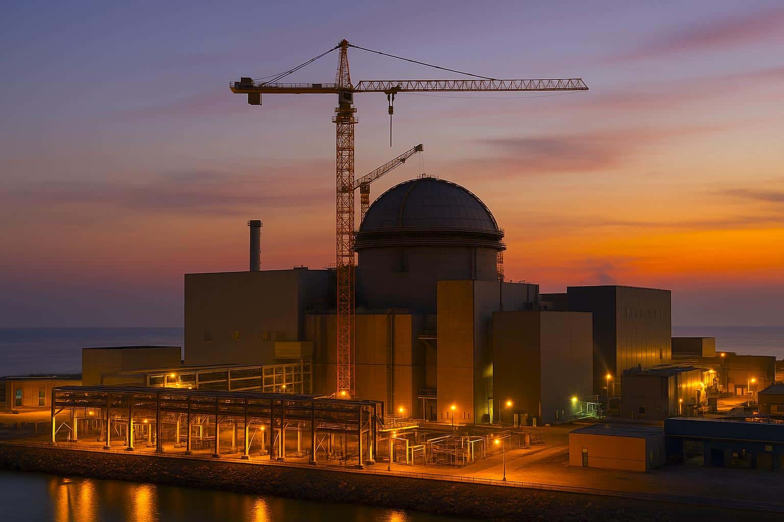 Vue large d’un site chinois dédié à un réacteur rapide refroidi au sodium au crépuscule, avec dôme en montage, grues et halls industriels en bord de mer
