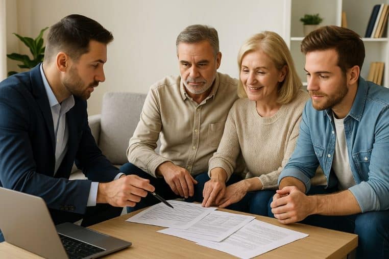 Famille consultant un conseiller financier au salon.