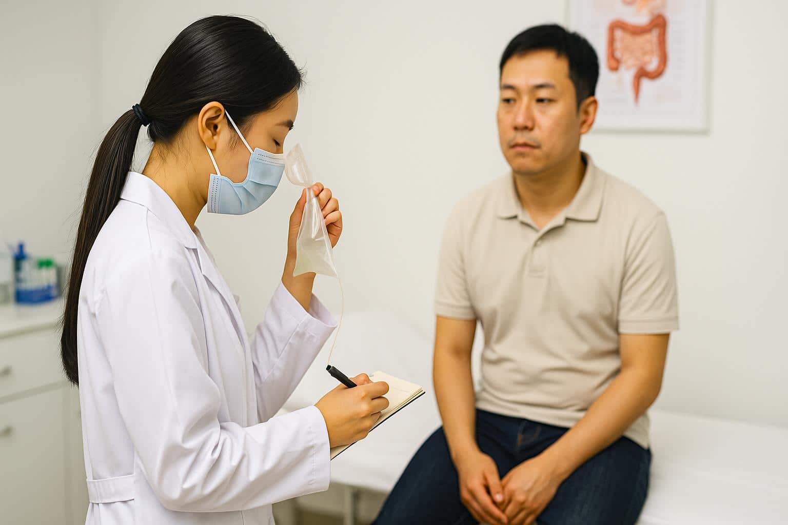 Médecin stagiaire humant un petit sac d’échantillon dans un cabinet, face à un patient, dans un contexte d’examen digestif.