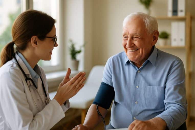 Médecin prenant la tension d’un centenaire souriant lors d’une consultation de routine.