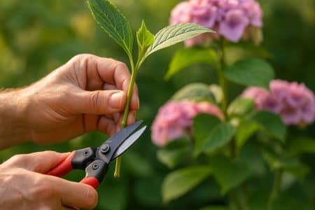 Main du jardinier coupant une tige d’hortensia sous un nœud pour le bouturage en fin d’été.