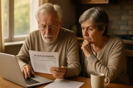 Couple de retraités français examinant leur relevé de pension à la lumière du matin.