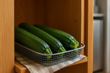 Quatre courgettes dans un panier métallique posé sur un linge, à l’intérieur d’un placard de cuisine.
