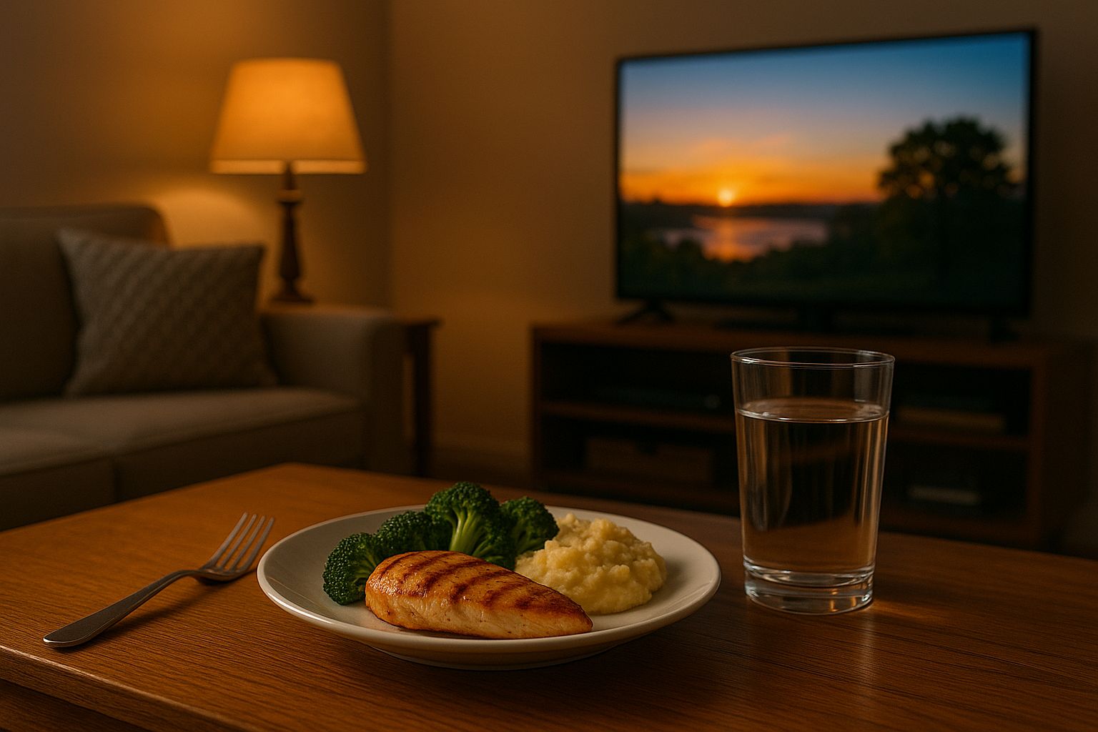 Assiette de poulet grillé, brocoli et purée sur table basse, lampe allumée et coucher de soleil diffus sur l’écran TV.