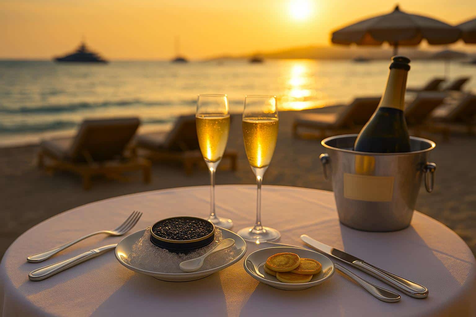 Table élégante en plage privée à Cannes avec caviar ouvert, flûtes de champagne et vue mer au coucher du soleil.