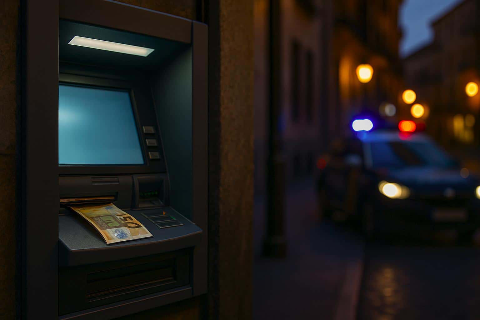 Distributeur automatique à Salamanque au crépuscule, écran allumé et billet de 50 € partiellement sorti, avec une voiture de police floue en arrière-plan.