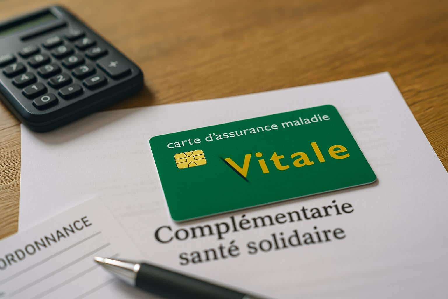 Carte Vitale posée sur des documents « Complémentaire santé solidaire » avec calculatrice et ordonnance, éclairage naturel sur table en bois.