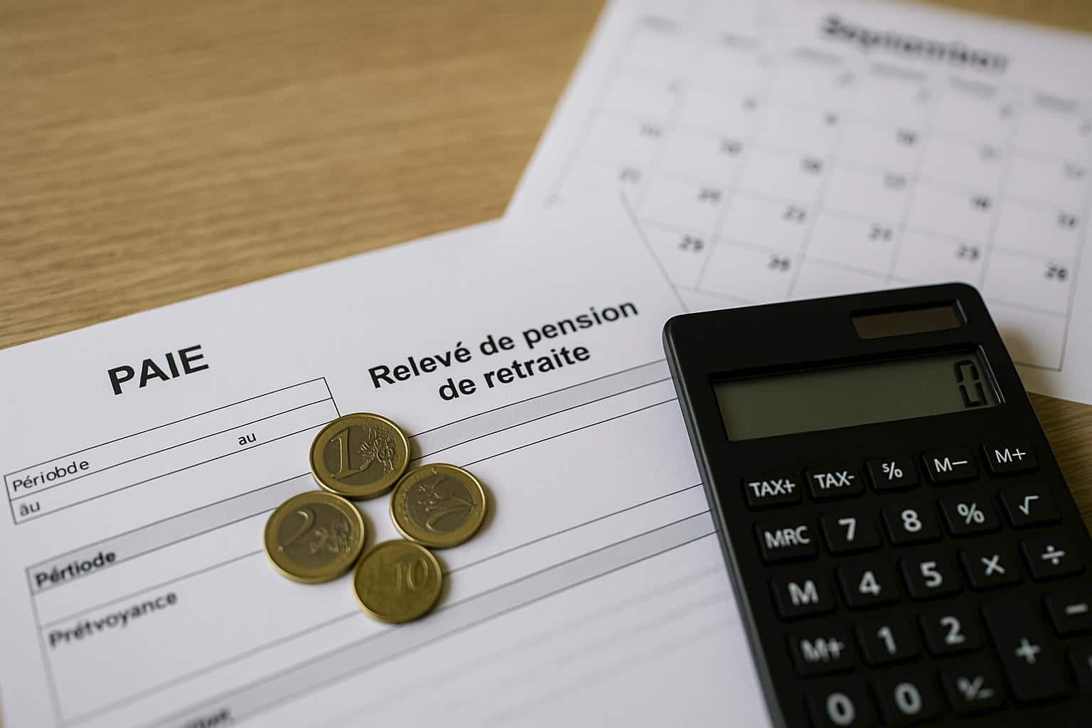 Bulletin de paie et relevé de pension posés sur un bureau, avec une calculatrice et quelques pièces en euros, évoquant la mise à jour du taux de prélèvement à la source en septembre.