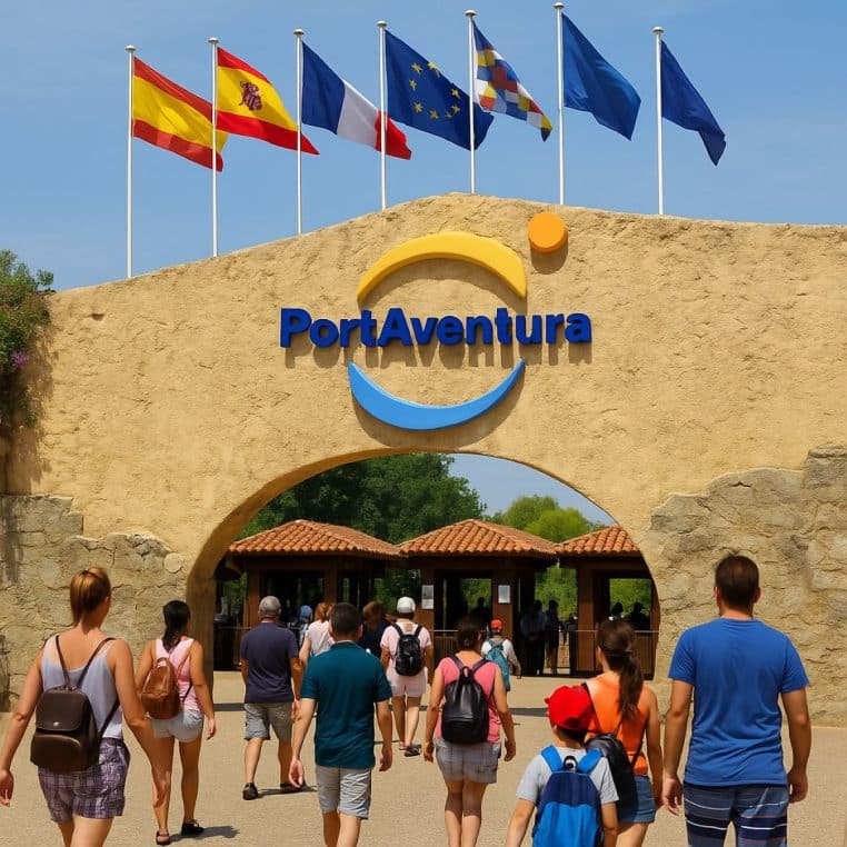 Entrée de PortAventura à Salou avec visiteurs et drapeaux par temps ensoleillé.