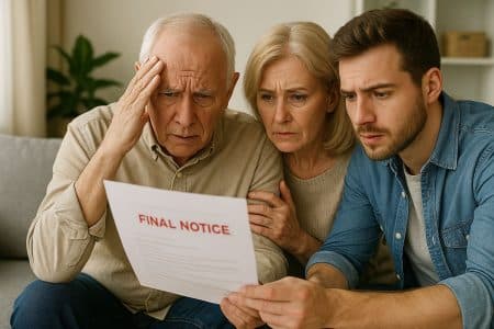 Aînés et fils étudiant un courrier financier.