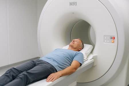Patient allongé sur la table d’un scanner IRM blanc, sur le point d’être positionné pour l’examen.